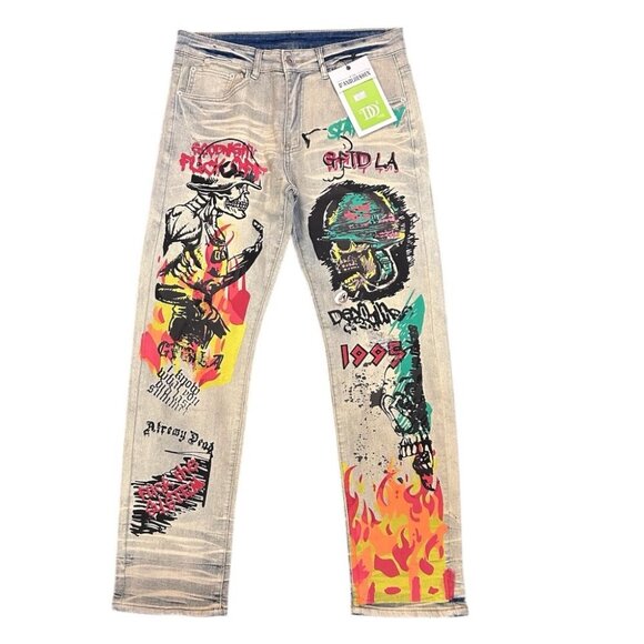 Fashion Skull Punk Rocker Graffiti Distressed Jeans D'Andijieshen SIZE 30 NWT - Picture 1 of 5